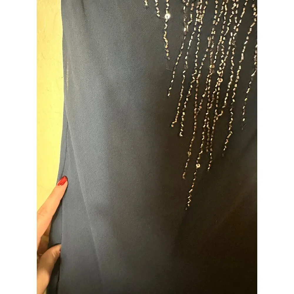 J Kara Women's Hanky Hem Beaded Cocktail Dress, Navy/Mercury, 6 - Picture 3 of 6